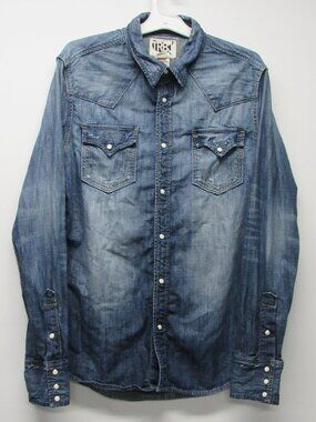 True Religion Denim Jake Western Shirt Pearl Snap Distressed Men's sz L Retro
